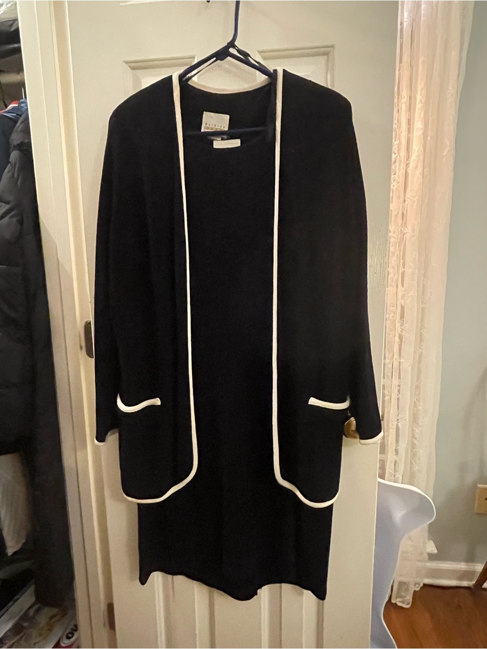 Solid Black Dress with Open-Front Coatigan with White Trim by Kathryn Deene